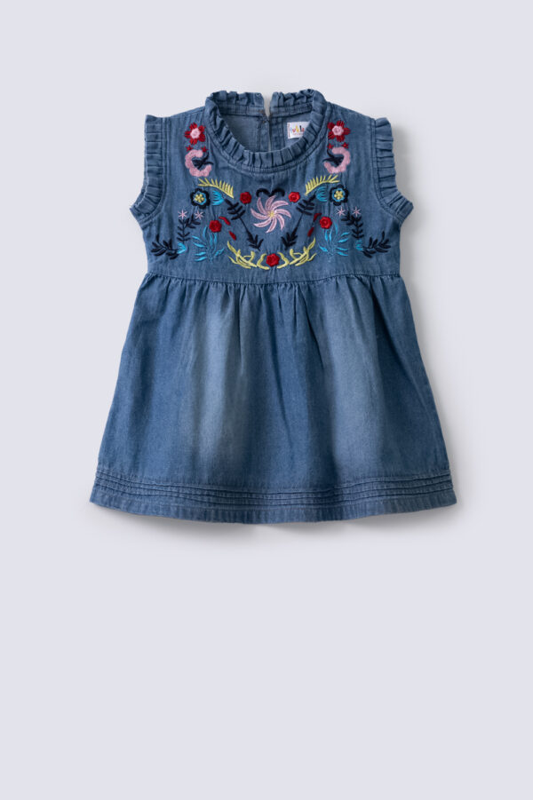 Embroidered Denim Girls Frock