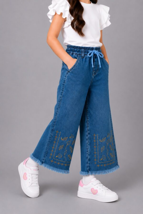Girls Embroidered Wide Leg Denim