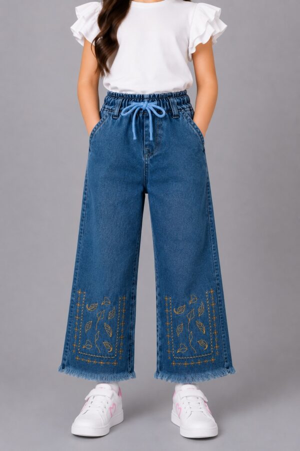 Girls Embroidered Wide Leg Denim