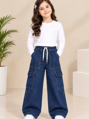 DARK BLUE GIRLS CARGO JEANS
