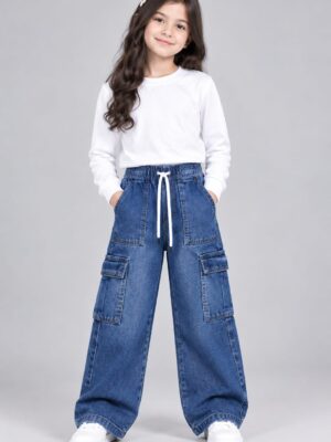 MID BLUE GIRLS CARGO JEANS