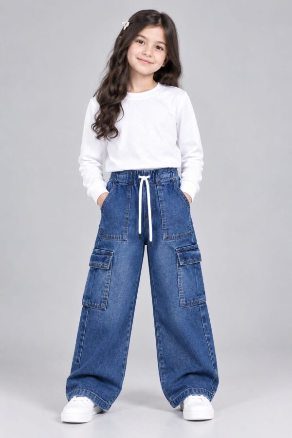 MID BLUE GIRLS CARGO JEANS